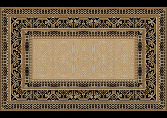 Carpet with ethnic ornament on the sides and monophonic center in light brown shades
