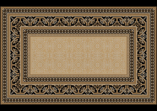 Carpet with ethnic ornament on the sides and monophonic center in light brown shades
