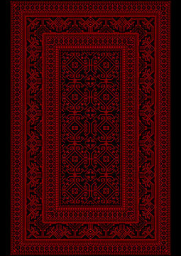 Design carpet with ethnic monophonic ornament in red and burgundy shades
