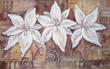 Three beautiful white lilies on a brown grunge background. Acrylic painting. © liyavihola