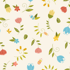 Seamless pattern with decorative flowers and leaves. Pattern can be used for textile design, web page background, wallpaper