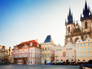 Old town square with  city hall of Prague