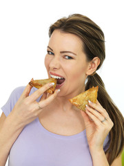 Attractive Young Woman Holding Spicy Vegetarian Samosa Savory Snacks