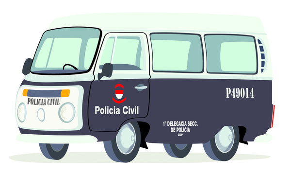 Caricatura furgoneta T2 microbus policia brasilera blanca y negra vista frontal y lateral