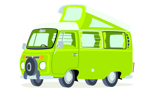 Caricatura furgoneta T2 microbus camping verde vista frontal y lateral