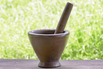 Pestle and mortar made of hard wood
