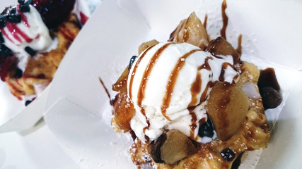 Waffle with Vanilla Ice and Apple Caramel Sauce
