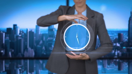 Businesswoman holding virtual alarm clock - Powered by Adobe