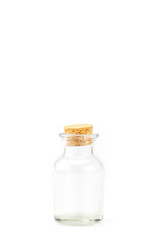 Glass bottle with cork cover isolated on white background, Leave