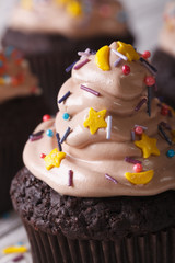 chocolate cupcakes decorated with stars macro. vertical
