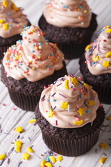 Chocolate cupcakes decorated with delicate cream close-up. vertical
