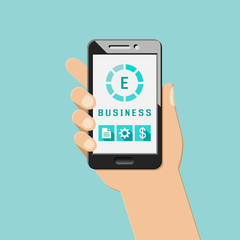 E-business concept with mobile apps and icons. Hand holding smartphone.