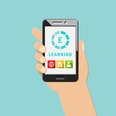 E-learning concept with mobile apps and icons. Hand holding smartphone.