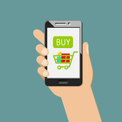Online shopping and e-commerce concept with mobile app. Hand holding smartphone.