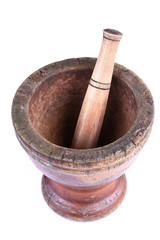 wooden mortar and pestle isolated on white background