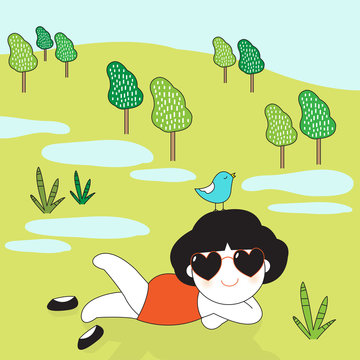Relaxing Girl On The Grass Field illustration set