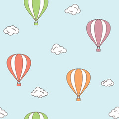 Seamless pattern with hot air balloons and clouds