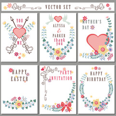 Retro card with floral decor.Cute Holiday set