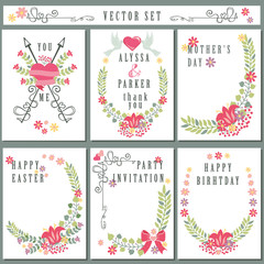 Retro card set with floral decor.Cute Holiday