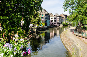 Fototapeta na wymiar Fachwerkäuser mit Blumen am Kanal in Straßburg