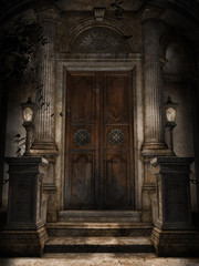 Fototapeta na wymiar Drzwi do gotyckiej krypty z lampami nocą