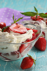 strawberries with cream in a bowl of glass