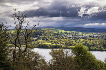 View from Claife Heights over stormy landscape of Lake Windermer