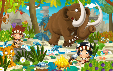 Cartoon scene with prehistoric mammoth
