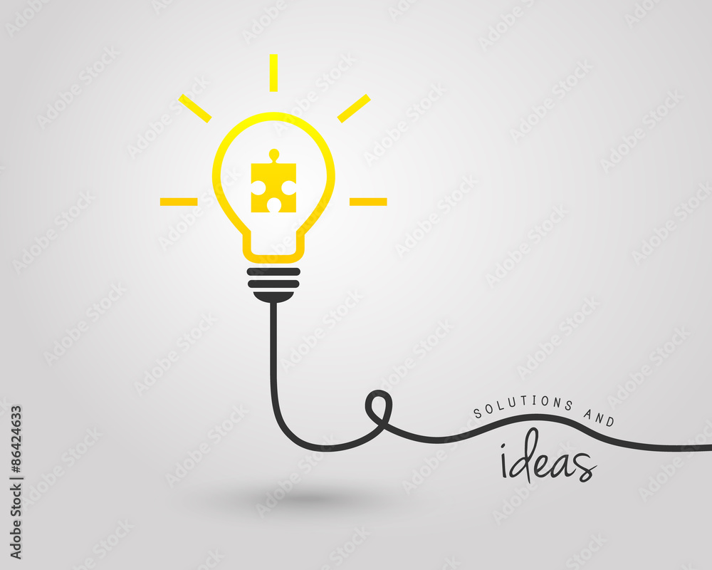 Poster shining lightbulb with puzzle piece as idea and solution concept