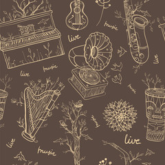 seamless pattern with musical instruments on brown background