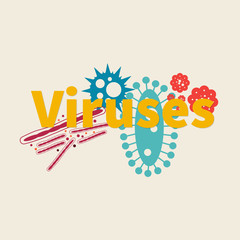 Virus concept with virus icons and text.