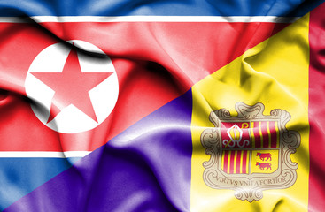 Waving flag of Andorra and North Korea