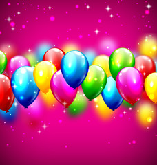 Multicolored inflatable celebration balloons on violet backgroun