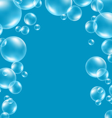 Transparent soap bubbles like frame on blue background