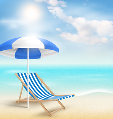 Beach with sun beach umbrella beach chair and clouds. Summer vac