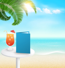 Beach with palm cocktail menu and clouds. Summer holiday vacatio