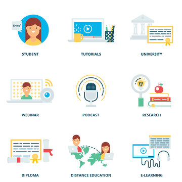 Education and e-learning vector icons set modern flat style