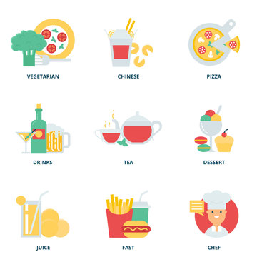 Food and drink vector icons set modern flat style