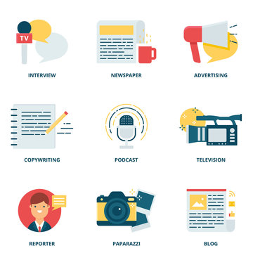 Journalism and mass media vector icons set modern flat style