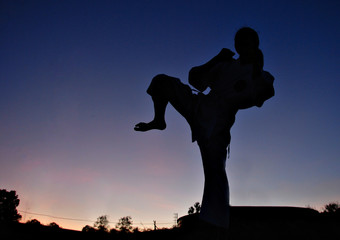 Healthy lifestyle : Silhouette of a girl practicing the karate k