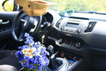 Summer flowers in the car