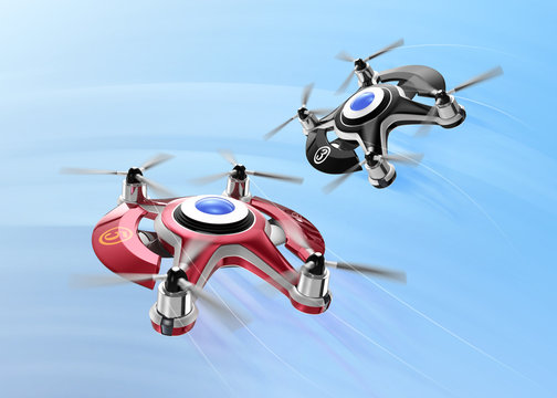 Red racing drones chasing  in the sky. Original design.