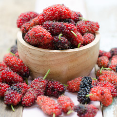 Fresh mulberry in wooden bowl