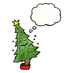 cartoon christmas tree with thought bubble