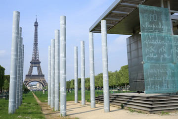 Details of Eiffel tower seen from Peace Monument at Paris.