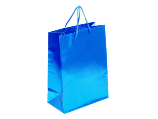 Blue gift bag isolated on white background.