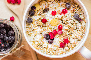 Bowl of muesli with currants top view