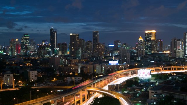 Night time and transportation with fireworks in Bangkok city Thailand, Cityscape Timelapse 4k