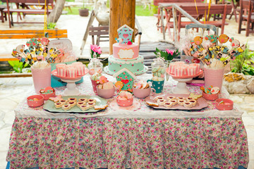 Prepared birthday table with sweets for children party