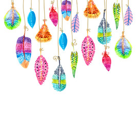 Hand drawn colorful watercolor feathers background